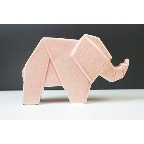 12A - Pair of Art Deco pink crackle-glazed ceramic elephants, of geometric form, 16cm high