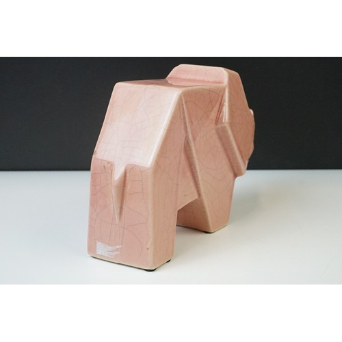 12A - Pair of Art Deco pink crackle-glazed ceramic elephants, of geometric form, 16cm high