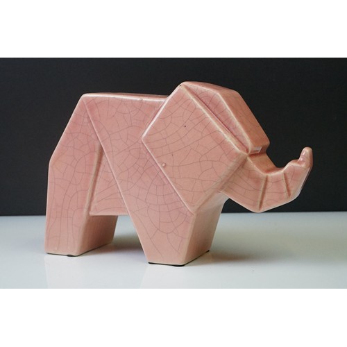 12A - Pair of Art Deco pink crackle-glazed ceramic elephants, of geometric form, 16cm high