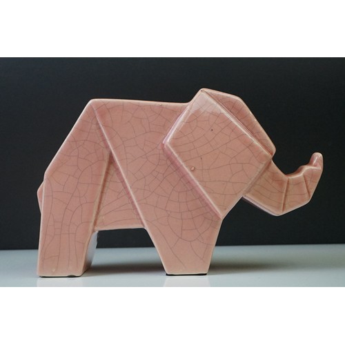 12A - Pair of Art Deco pink crackle-glazed ceramic elephants, of geometric form, 16cm high