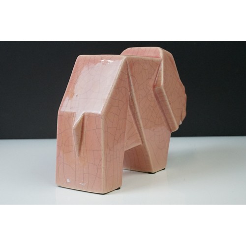 12A - Pair of Art Deco pink crackle-glazed ceramic elephants, of geometric form, 16cm high