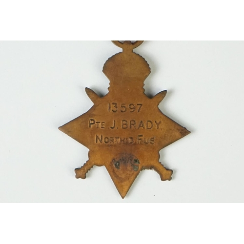 7 - A British World War One Full Size 1914-15 Star Medal, Named And Issued To No.13597 Private J. Brady ... 