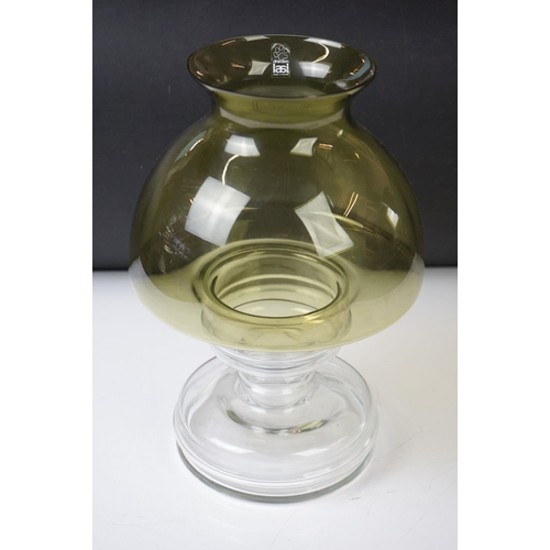 17 - Riihimaen Lasi, Finland -  A Green & Clear Glass Candle Holder and Shade, with original label, measu... 