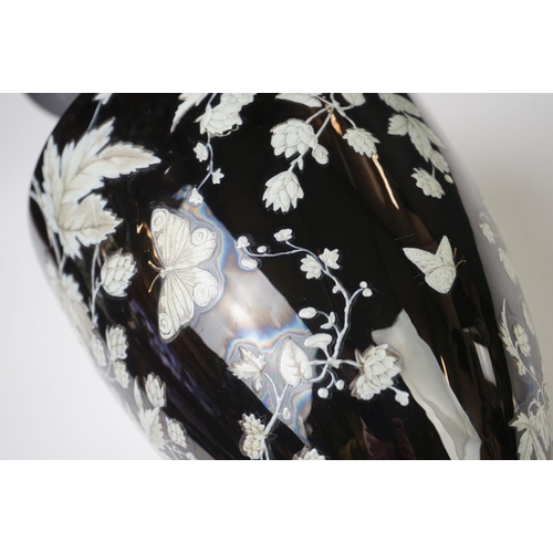 2 - Late 19th Century Black Urn-shaped Glass Vase enamelled with butterflies amongst leafy branches, wit... 