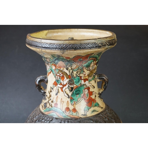 21 - 19th Century Chinese twin-handled vase of urn form, converted to a lamp base, in the Nankin style, d... 