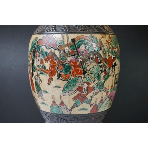 21 - 19th Century Chinese twin-handled vase of urn form, converted to a lamp base, in the Nankin style, d... 