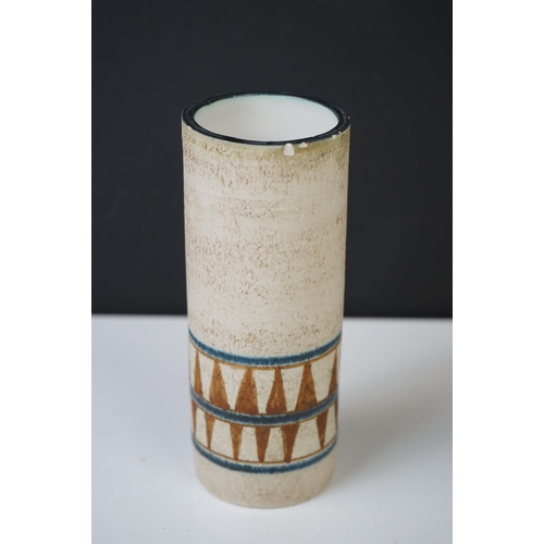 41 - Troika pottery cylindrical vase with 'sharks tooth' banding on a textured ground, signed 'Troika, Co... 