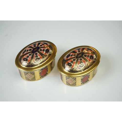 50 - Ten Royal Crown Derby Imari pattern lidded trinket boxes and storage jars, largest approx 11cm wide