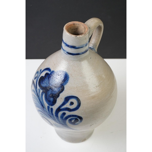 6 - 19th Century Salt Glazed Stoneware Flagon of baluster form, decorated with a cobalt blue floral moti... 