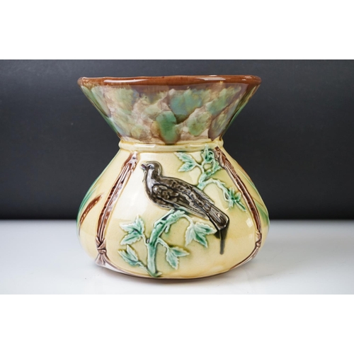 9 - Late 19th Century Aesthetic Movement Majolica Vase, with relief moulded panels depicting birds perch... 