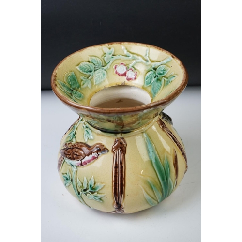 9 - Late 19th Century Aesthetic Movement Majolica Vase, with relief moulded panels depicting birds perch... 