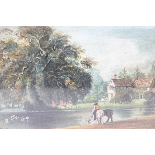 487 - Oil Painting on Panel of Figures with horses beside lake, 19cm x 27cm