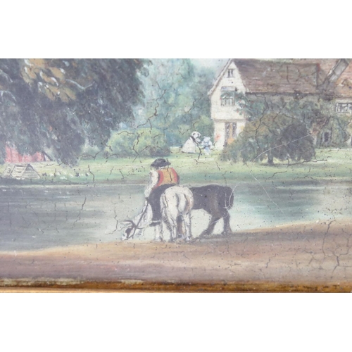 487 - Oil Painting on Panel of Figures with horses beside lake, 19cm x 27cm