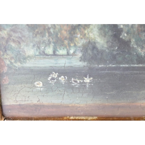 487 - Oil Painting on Panel of Figures with horses beside lake, 19cm x 27cm