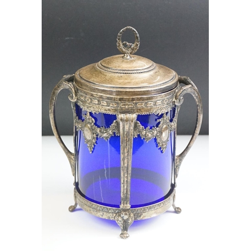 76 - WMF Silver Plated Biscuit Barrel and Cover with blue glass liner, stamped to base, 24cm high