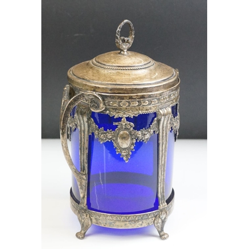 76 - WMF Silver Plated Biscuit Barrel and Cover with blue glass liner, stamped to base, 24cm high