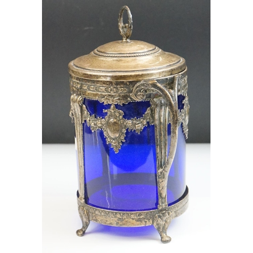 76 - WMF Silver Plated Biscuit Barrel and Cover with blue glass liner, stamped to base, 24cm high