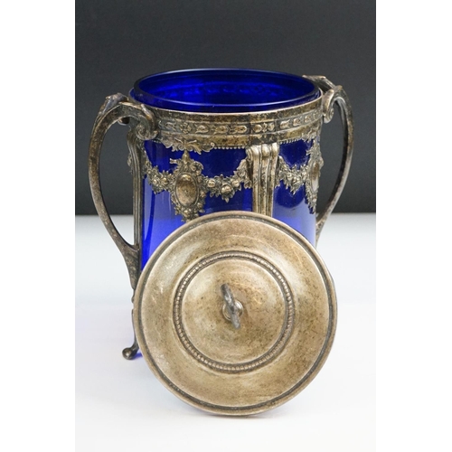 76 - WMF Silver Plated Biscuit Barrel and Cover with blue glass liner, stamped to base, 24cm high