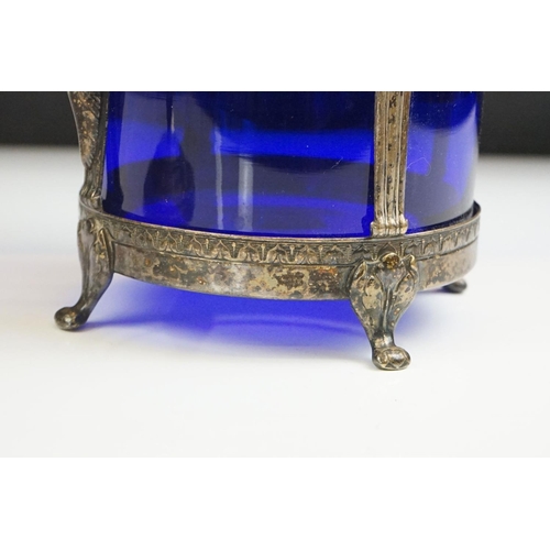 76 - WMF Silver Plated Biscuit Barrel and Cover with blue glass liner, stamped to base, 24cm high