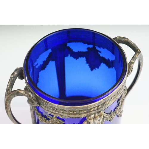 76 - WMF Silver Plated Biscuit Barrel and Cover with blue glass liner, stamped to base, 24cm high