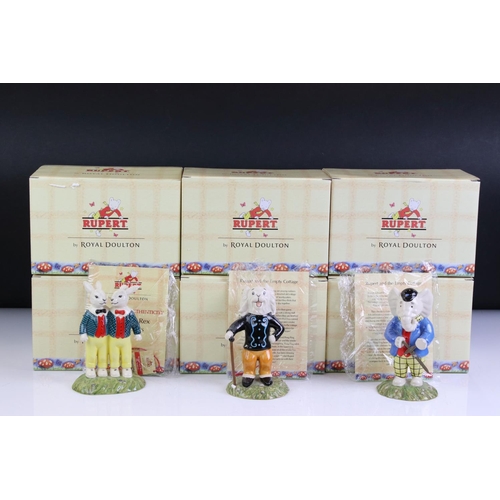 98 - Six boxed Royal Doulton Rupert figurines with CoA, to include RB 10 Bingo's Huge Firework, RB 6 Look... 