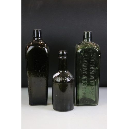 125 - Collection of Eight Green Glass Bottles, 19th century onwards including three of square form (one ma... 