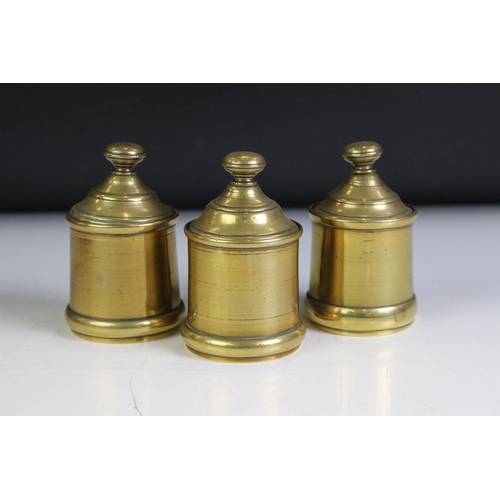 132 - George III style Brass Desk Set comprising Pair of Lidded Inkwells and a Lidded Pounce Pot, 9cm high... 