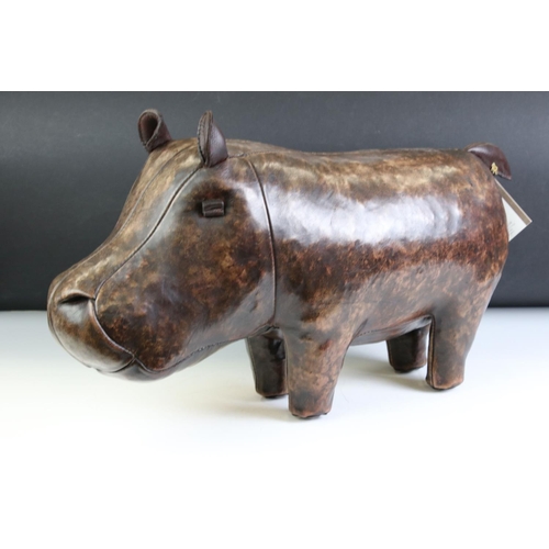 136 - Omersa for Liberty, Stitched Brown Leather Hippo Footstool with Omersa enamel badge applied to tail ... 