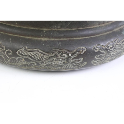 138 - Japanese Bronze Censer with dogs of foe twin handles and relief panels of mythical creatures and dra... 