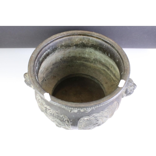 138 - Japanese Bronze Censer with dogs of foe twin handles and relief panels of mythical creatures and dra... 