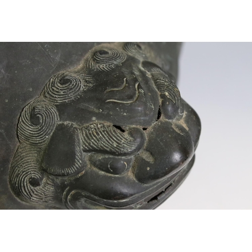 138 - Japanese Bronze Censer with dogs of foe twin handles and relief panels of mythical creatures and dra... 