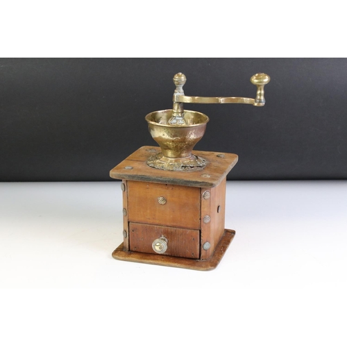 139 - Early to Mid 20th century French Wooden and Brass Coffee Grinder with drawer, 29cm high