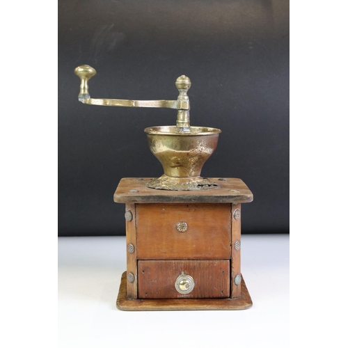 139 - Early to Mid 20th century French Wooden and Brass Coffee Grinder with drawer, 29cm high