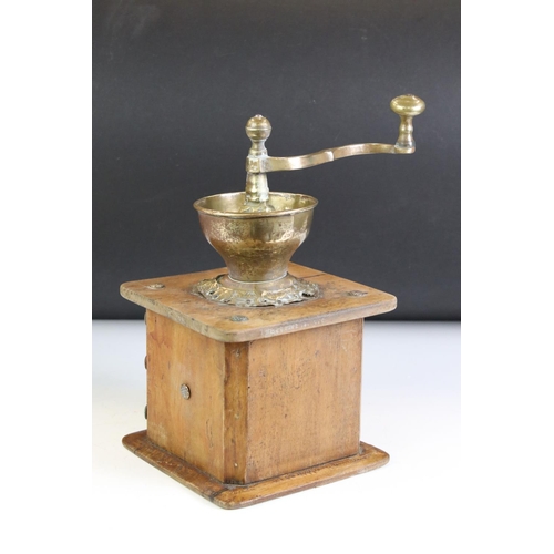 139 - Early to Mid 20th century French Wooden and Brass Coffee Grinder with drawer, 29cm high