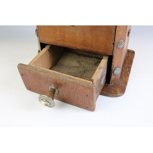 139 - Early to Mid 20th century French Wooden and Brass Coffee Grinder with drawer, 29cm high