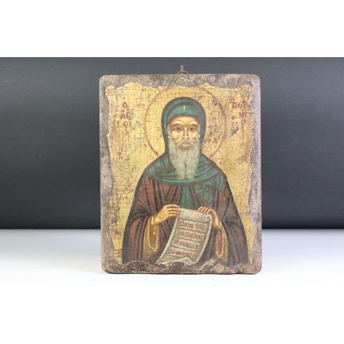 145 - Tempera style on Wooden Panel depicting a Saint or Religious Icon holding a scroll, 27cm x 22cm