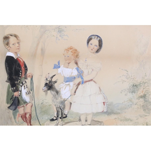 154 - Carl Goebel (Vienna 1824-1899) Watercolour Portait of Three Children and a Goat, marked to verso Cap... 