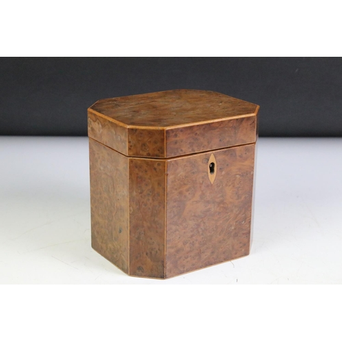 156 - George III Burr Walnut and Boxwood Inlaid Octagonal Tea Caddy, the hinged lid opening to a single li... 