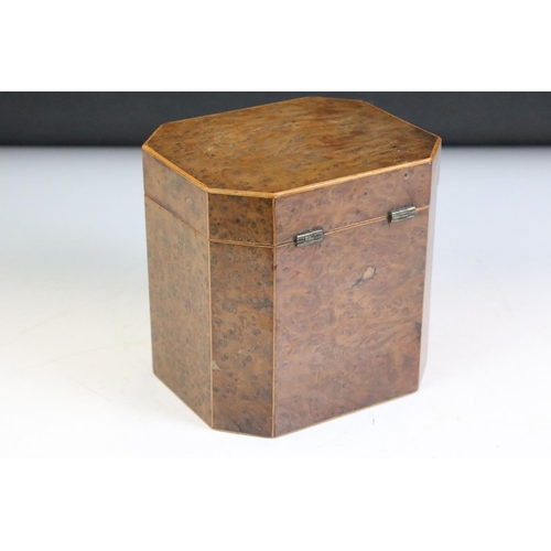 156 - George III Burr Walnut and Boxwood Inlaid Octagonal Tea Caddy, the hinged lid opening to a single li... 