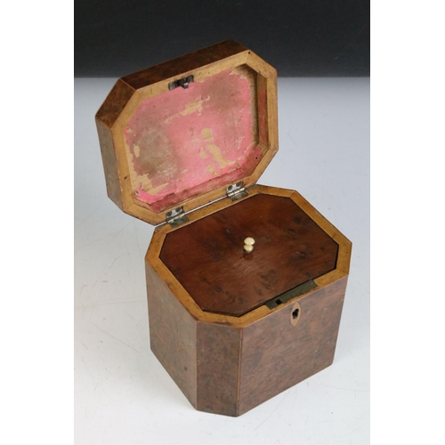 156 - George III Burr Walnut and Boxwood Inlaid Octagonal Tea Caddy, the hinged lid opening to a single li... 