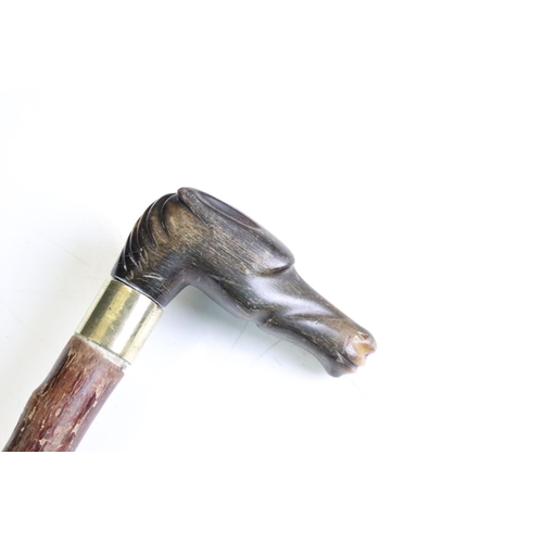 163 - Blackthorn Walking Stick, the Rhino Horn handle carved in the form of a horse head, 88cm long