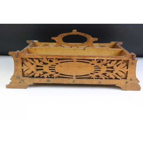 184 - Late 19th / Early 20th century Oak Fretwork Carved Two Section Cutlery Tray with carrying handle, 38... 