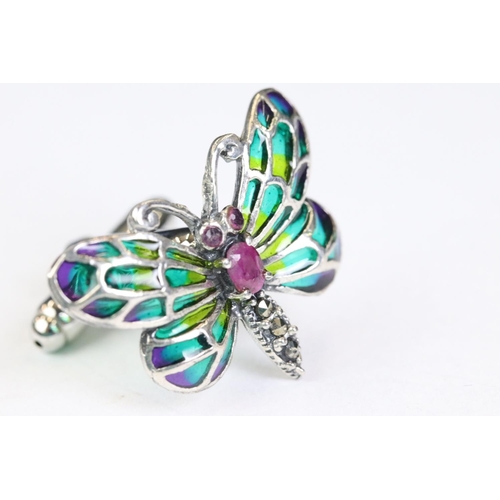 235 - Cased pair of silver butterfly cufflinks set with ruby cabochons