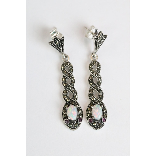 236 - Pair of silver, marcasite and opal panelled drop earrings