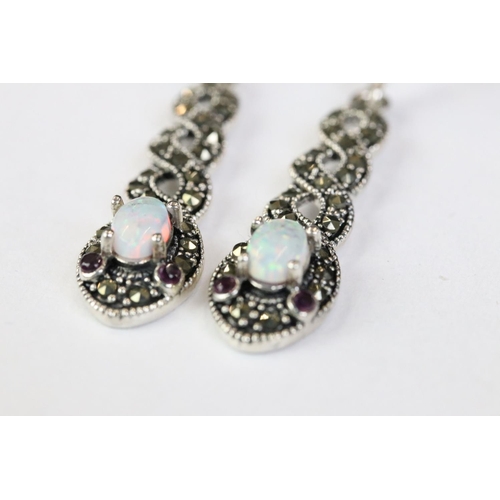 236 - Pair of silver, marcasite and opal panelled drop earrings