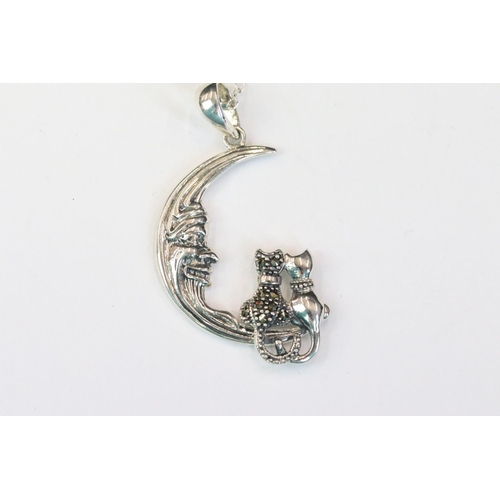 237A - Silver cat and half moon pendant necklace on silver chain