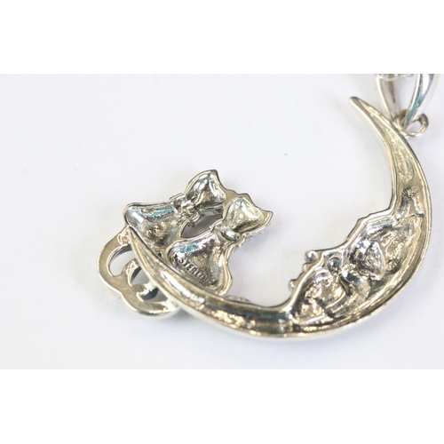 237A - Silver cat and half moon pendant necklace on silver chain