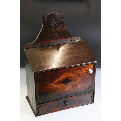 133 - 19th century Oak Inlaid Hanging Candle Box with drawer below, 42cm high