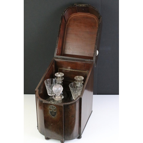 181 - George III mahogany cutlery urn, adapted to a decanter box with three decanters & two glasses, heigh... 