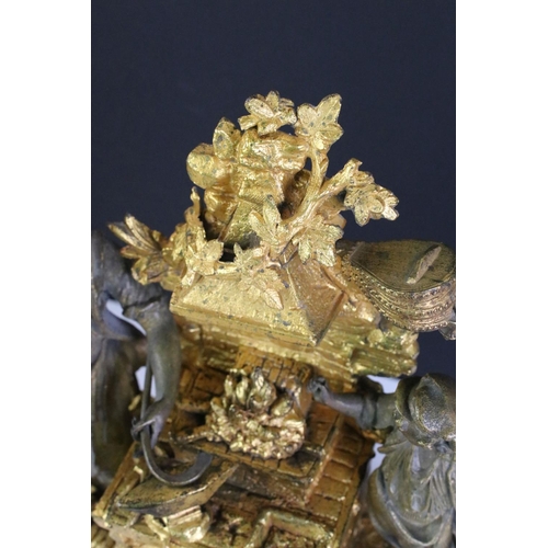 183 - An antique French gilt mantle clock with decorative ironmonger figures.